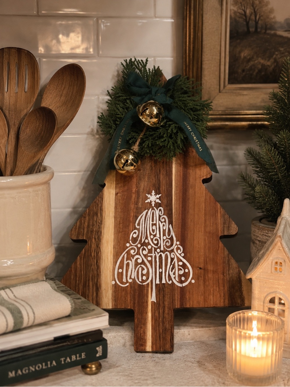 Wooden Tree Holiday Sign with Green Bow and Gold Bells - Merry Christmas
